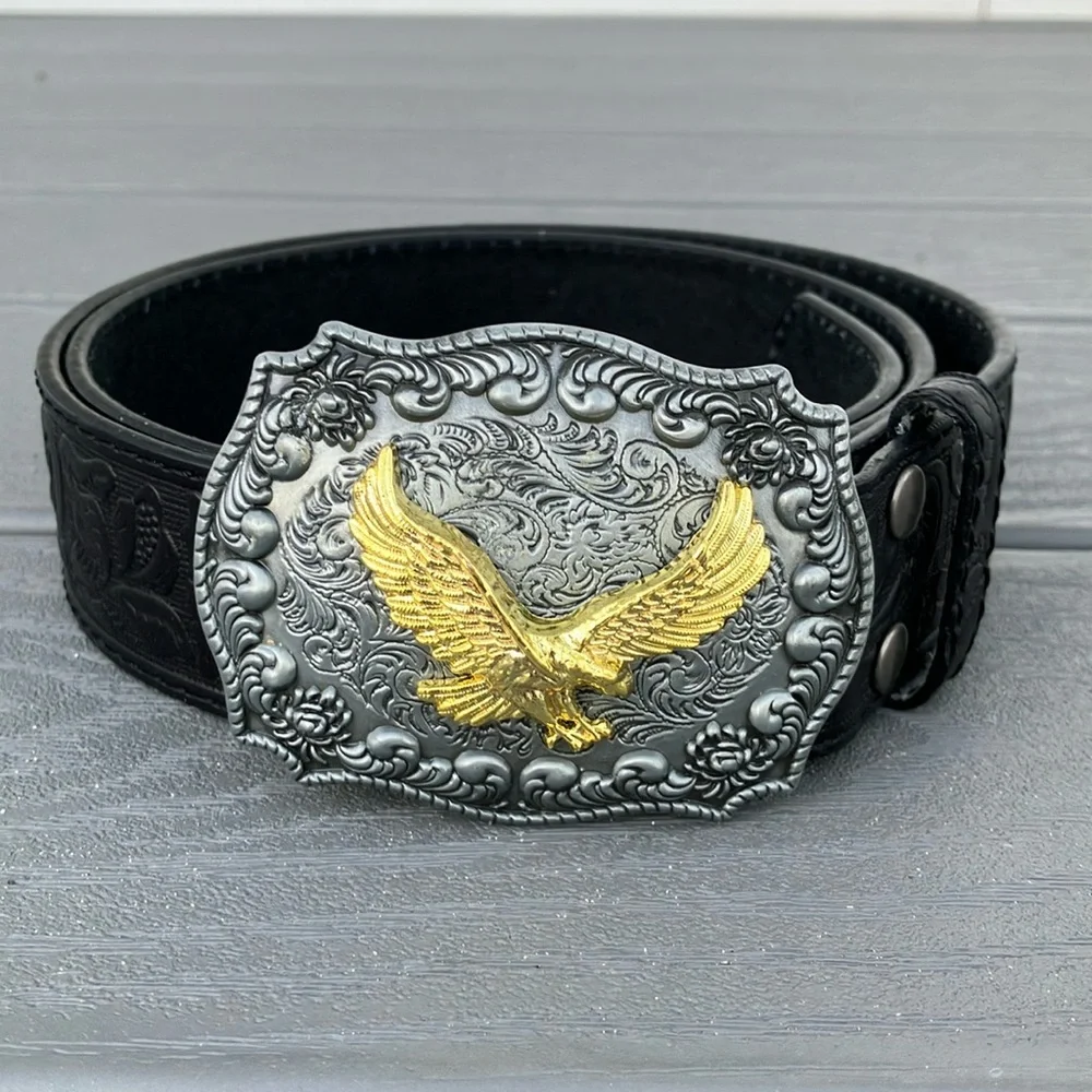 Women’s Western Black Leather Belt with Metal Flying Eagle Buckle Size M